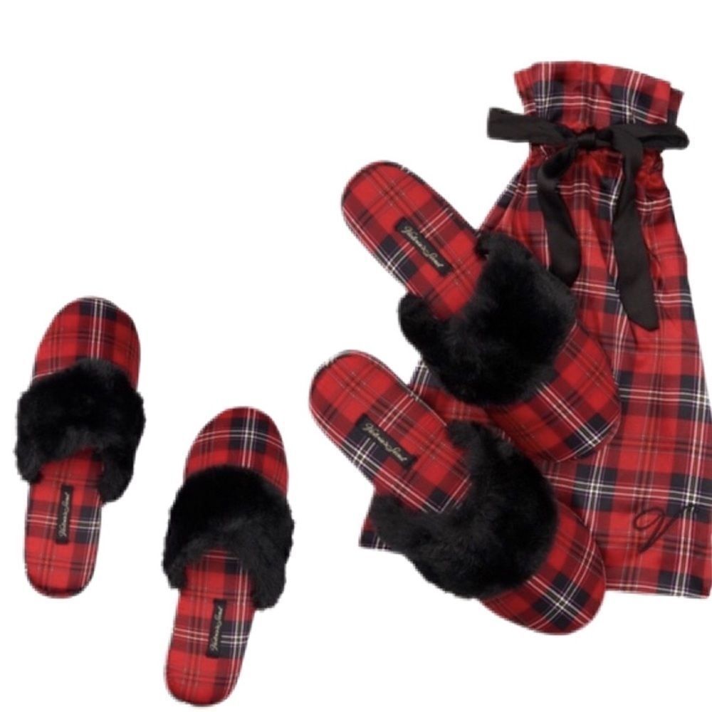 NEW Victoria Secret Signature Satin faux fur slides slippers Plaid Red